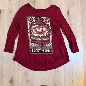 Lucky Brand Lotus Flower Graphic Long Sleeve Tee - Maroon - XL